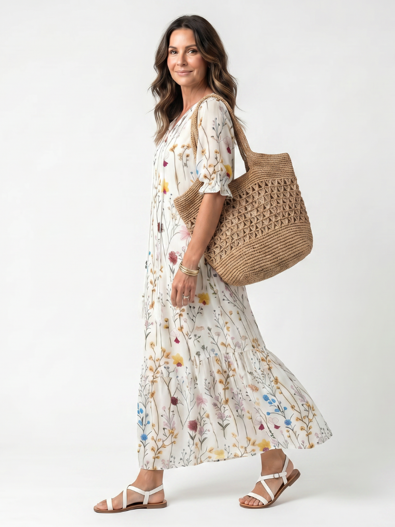 Sylvie | Botanische Print Tassel Tie Midi Jurk
