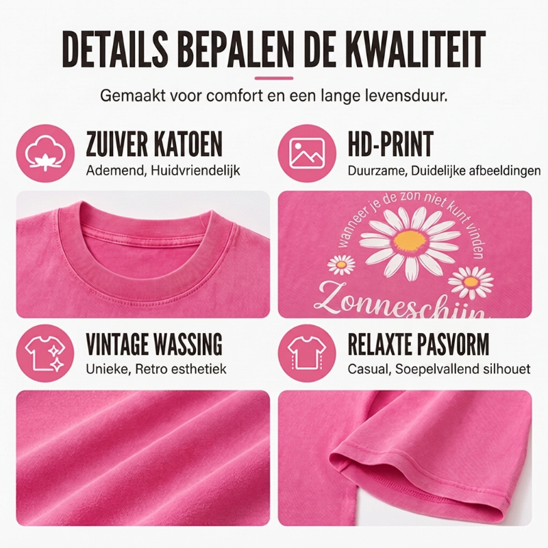 Unisex Vintage Gewassen Madeliefje Print Loose Fit T-Shirt