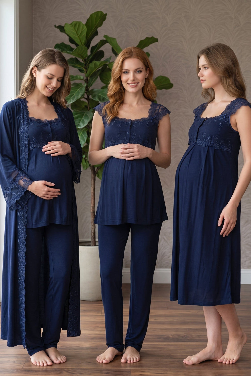 Flywheel Arm Lace Shoulder 4-Piece Maternity-Nursing Set Navy Blue - 4066