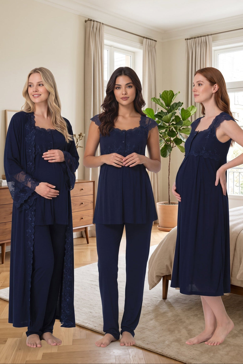 Flywheel Arm Lace Shoulder 4-Piece Maternity-Nursing Set Navy Blue - 4066