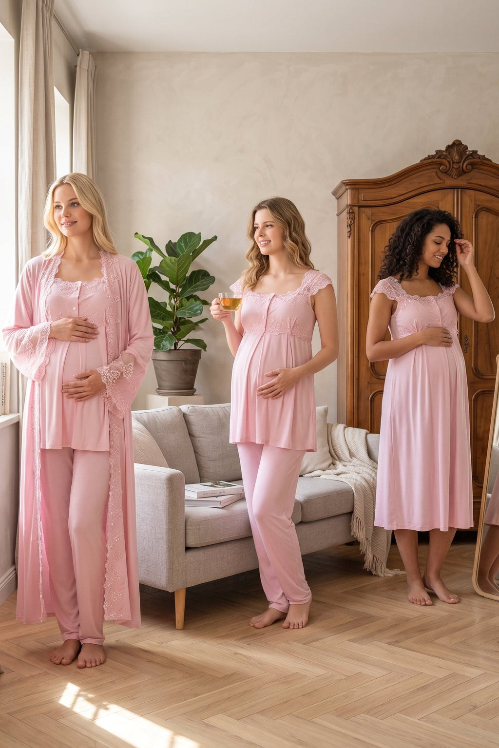 Flywheel Arm Lace Shoulder 4-Piece Maternity-Nursing Set Pink - 4066