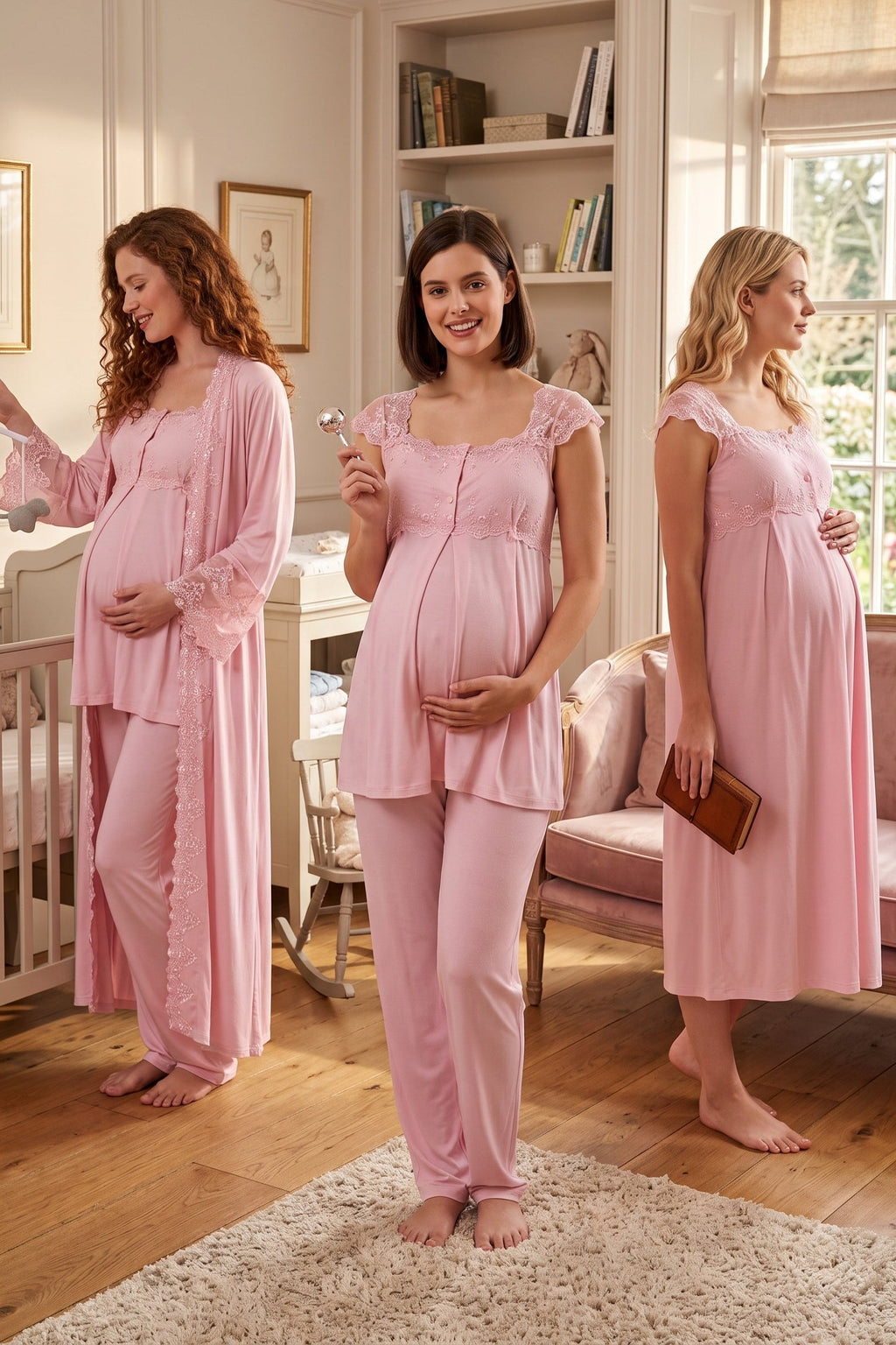Flywheel Arm Lace Shoulder 4-Piece Maternity-Nursing Set Pink - 4066
