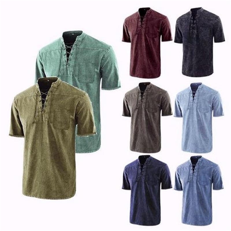 🎁2026 Nieuw binnen 50% KORTING💥Heren Gothic Retro T-shirt met Vetersluiting V-hals Linnen Zak Korte Mouw Tee Shirt Losse Tops