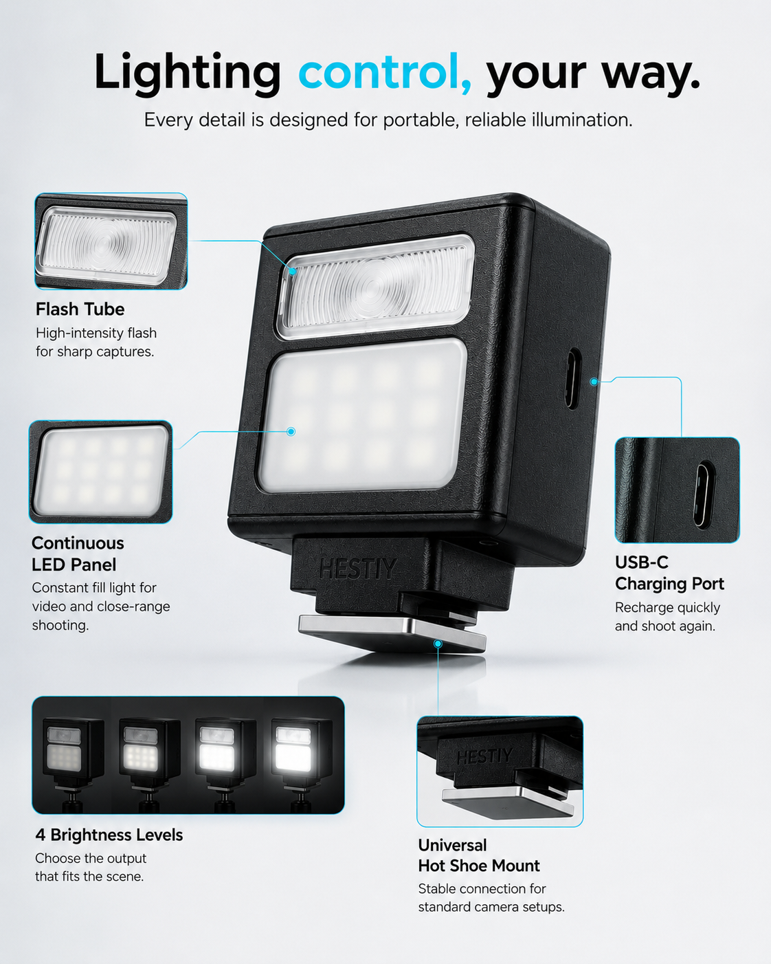 🔥Mini Flitser Zakformaat | Flits & Continu Licht | Type-C Oplaadbaar