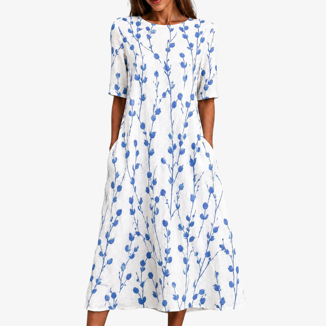 Blauwe Weide Bries Pocket Midi Jurk