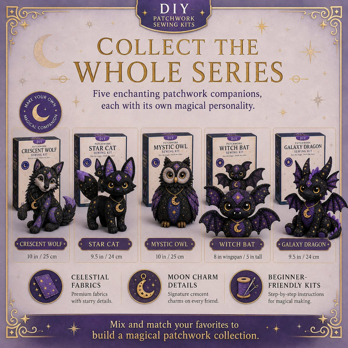 🤩NIEUWE AANWINST 2026🔥⌛️LAATSTE DAG IN DE AANBIEDING: 50% KORTING!!🌙Mystiek Patchwork Dieren Naaipakket – DIY Pluche Knutselpakket met Sterrenstof en Maanhanger✨