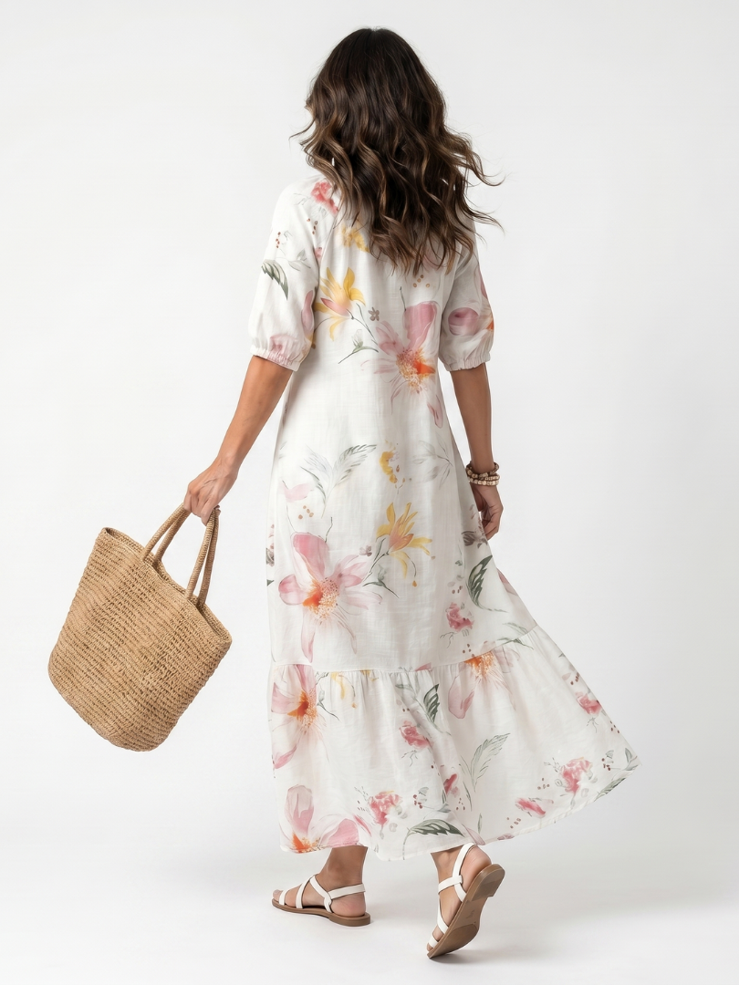 Noa | Zachte Bloemen Tiered Tassel Midi Jurk