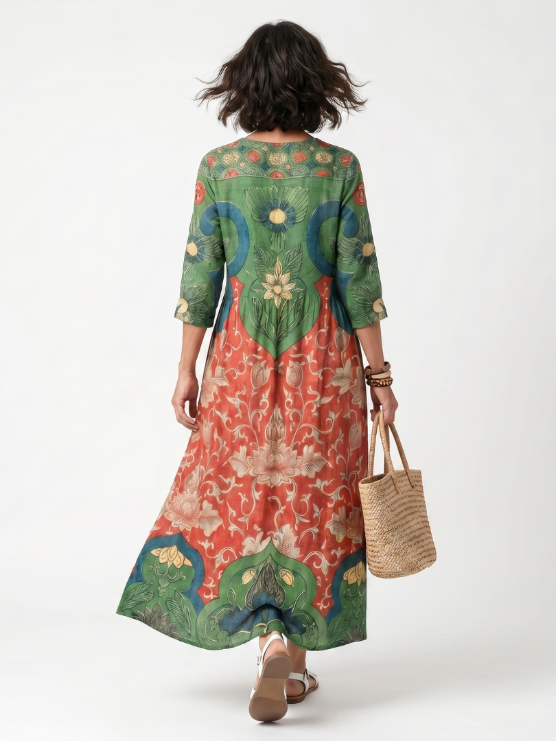 Sloane | Gemengd Print V-Hals Pocket Midi Jurk