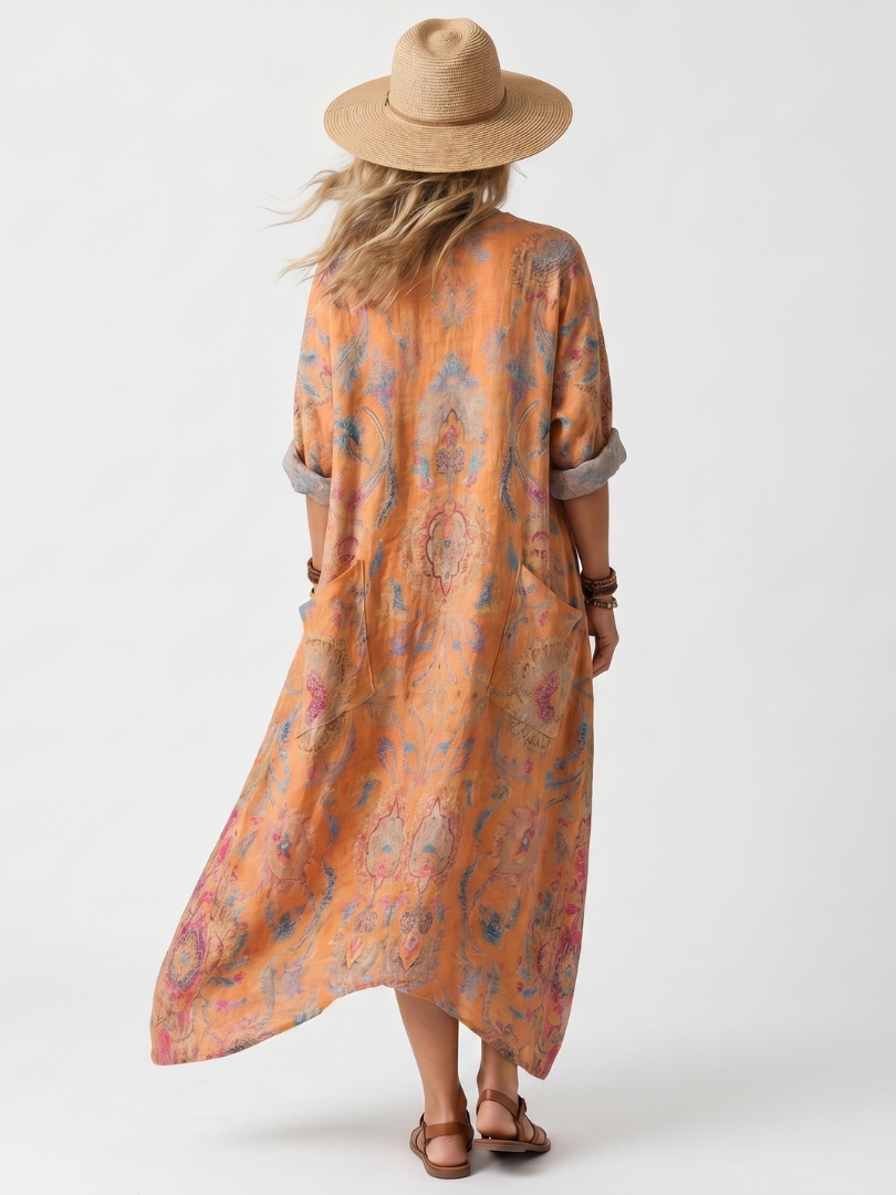 Remi | Geprinte Oversized Midi-jurk met Notch Hals en Zakken