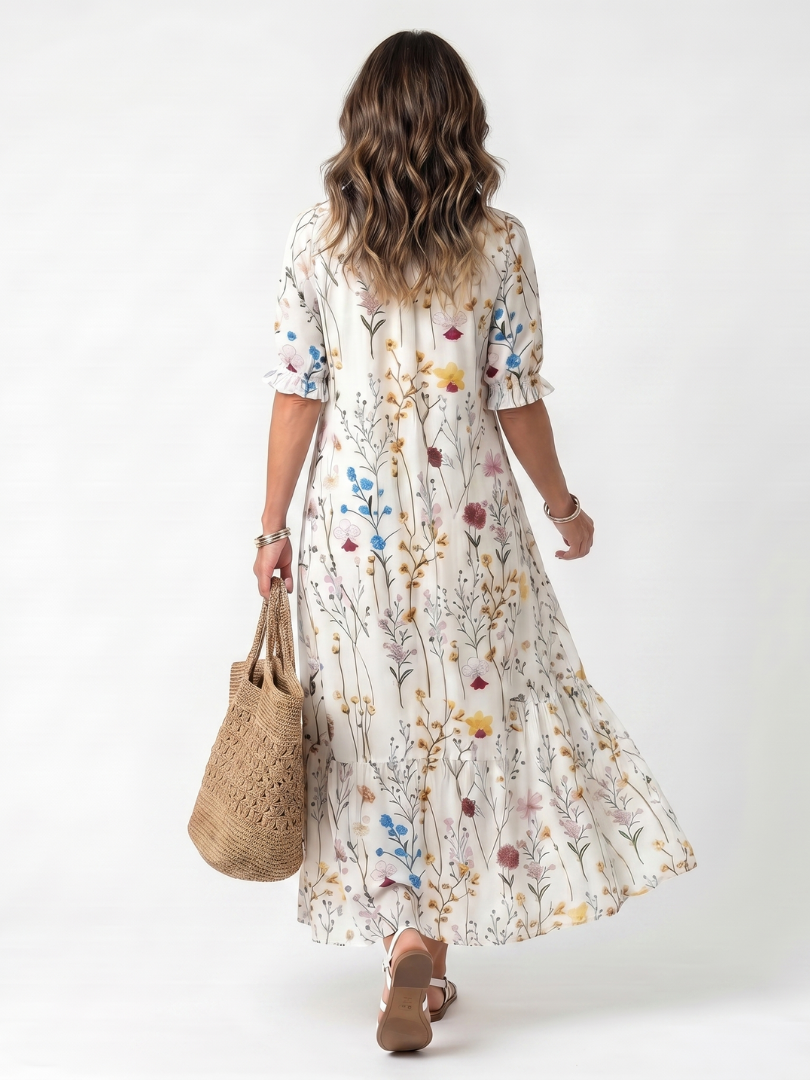 Sylvie | Botanische Print Tassel Tie Midi Jurk
