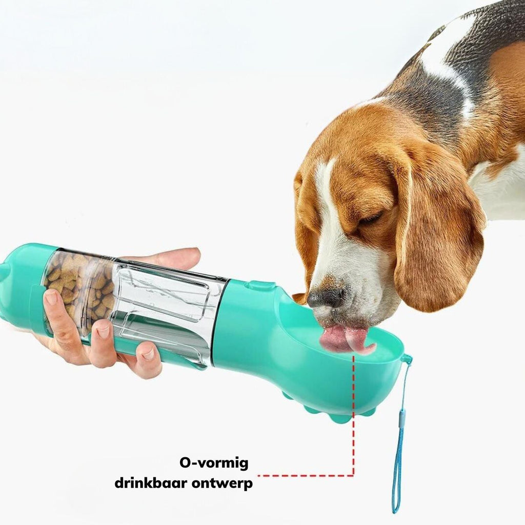 5-in-1 Waterfles voor Honden – Met Voerbak, Schep & Afvalzakjeshouder