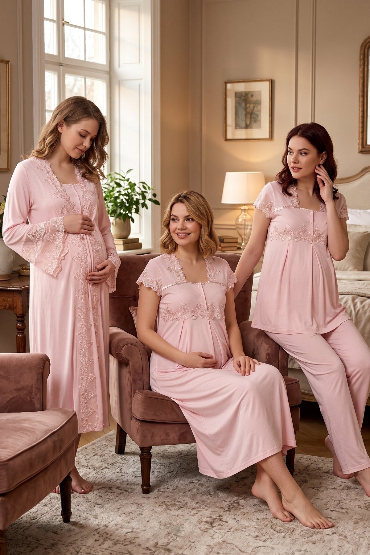 Lace Collar and Lace Detailed 4-Piece Maternity-Nursing Set Pink - 5015