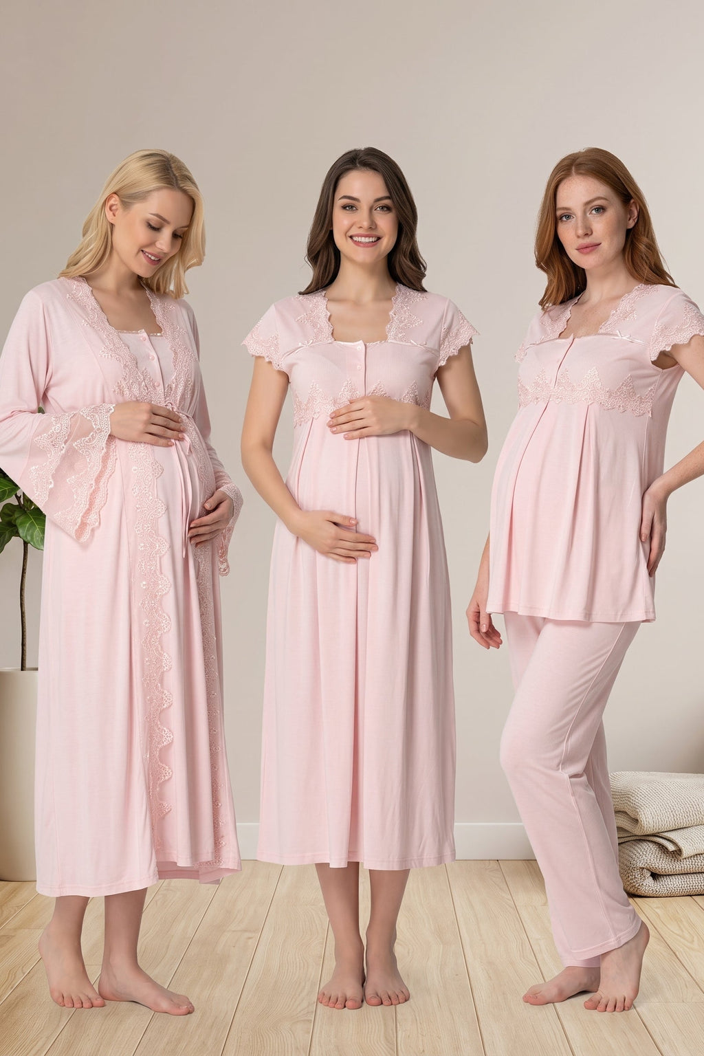 Lace Collar and Lace Detailed 4-Piece Maternity-Nursing Set Pink - 5015