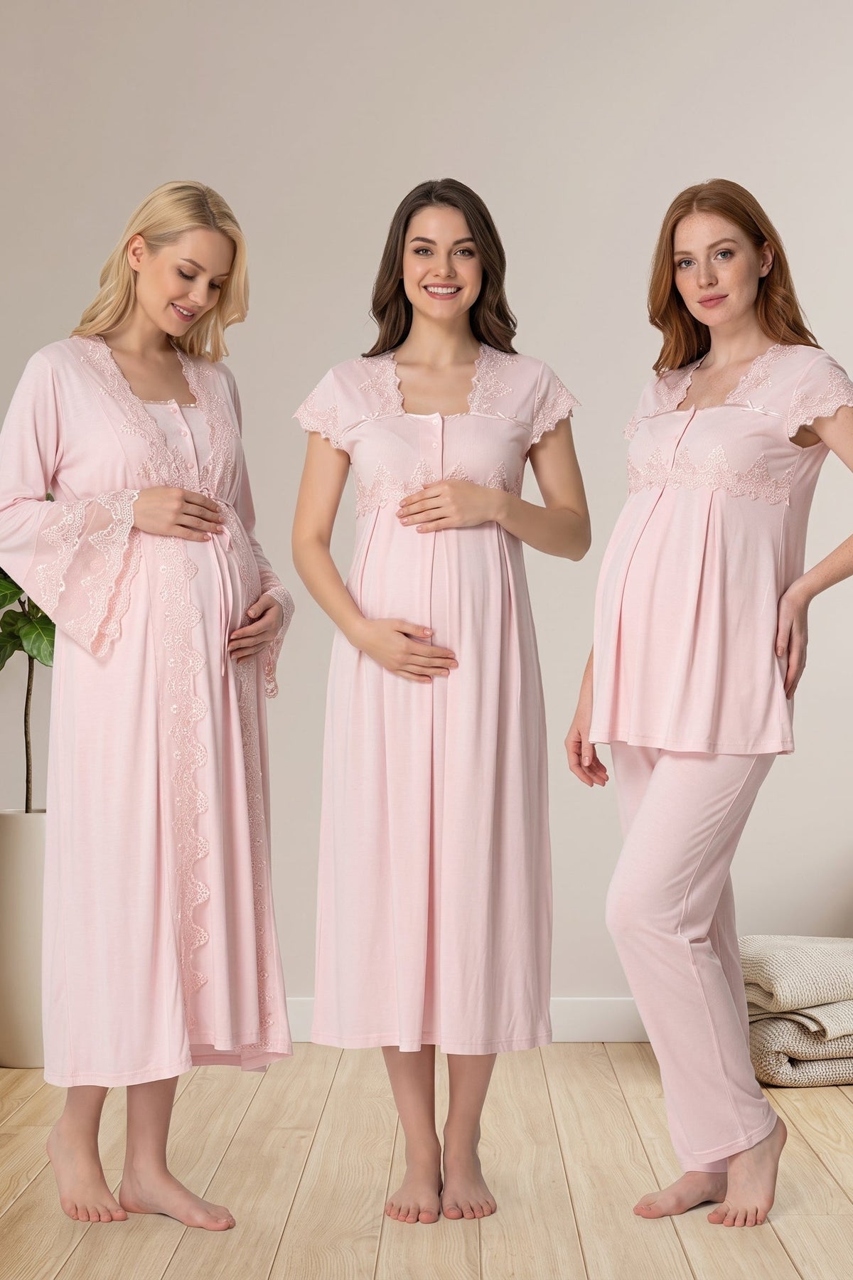 Lace Collar and Lace Detailed 4-Piece Maternity-Nursing Set Pink - 5015