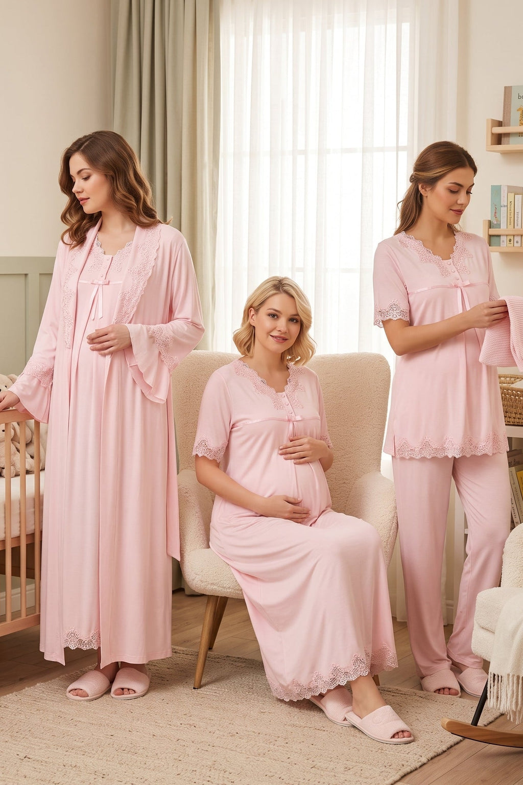 Lace Detailed 4-Piece Maternity-Nursing Set Pink - 5036