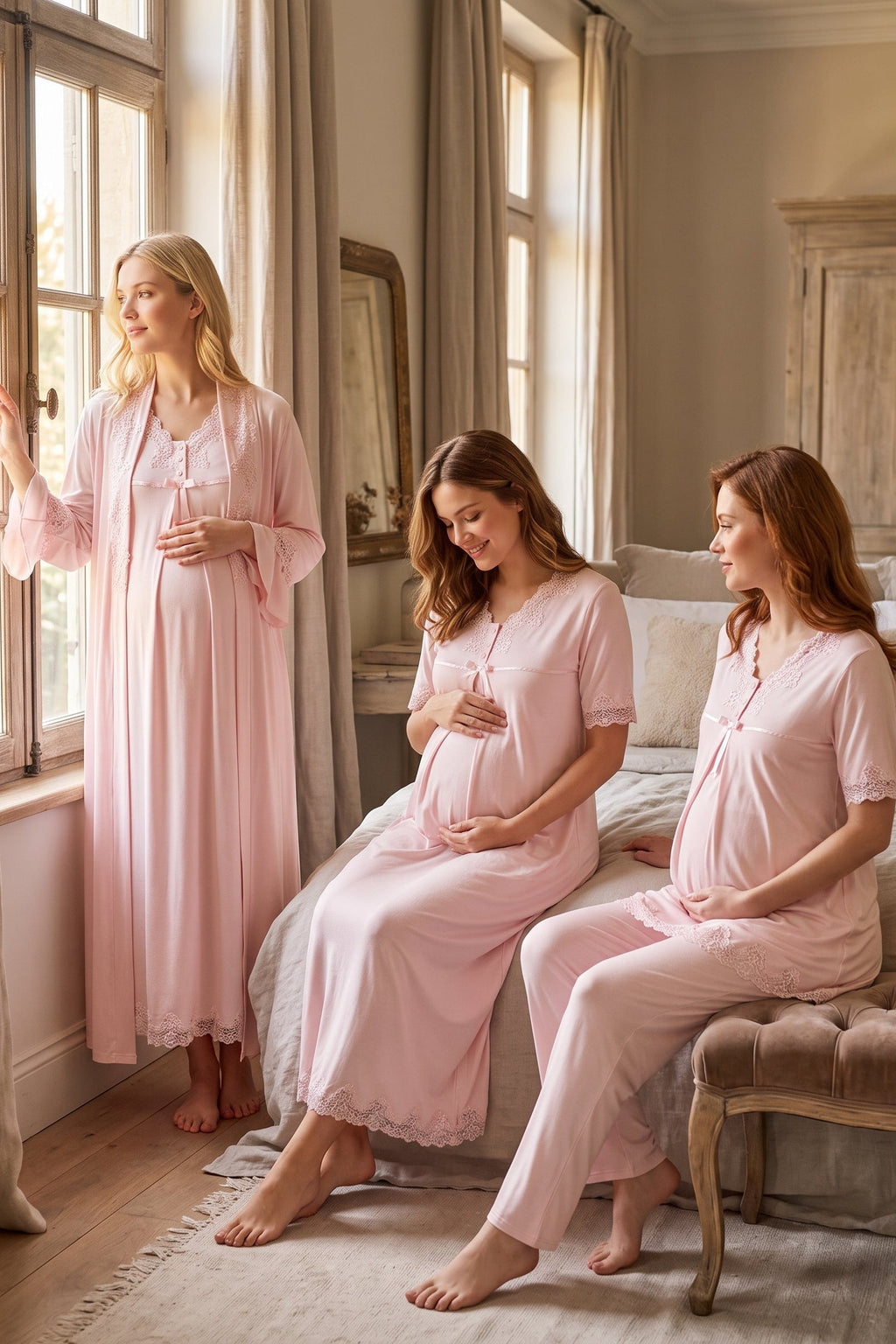 Lace Detailed 4-Piece Maternity-Nursing Set Pink - 5036