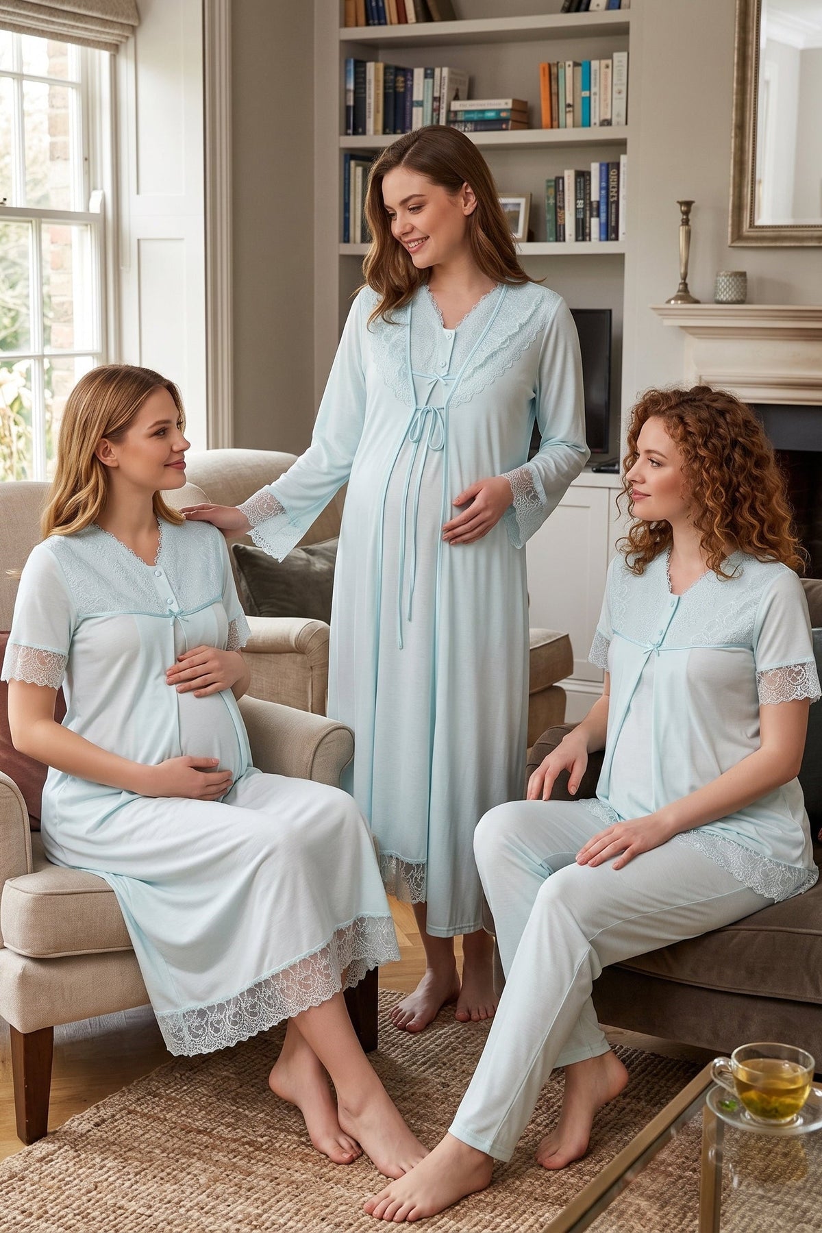 Lace Trim 4-Piece Maternity-Nursing Set Turquoise - 5046