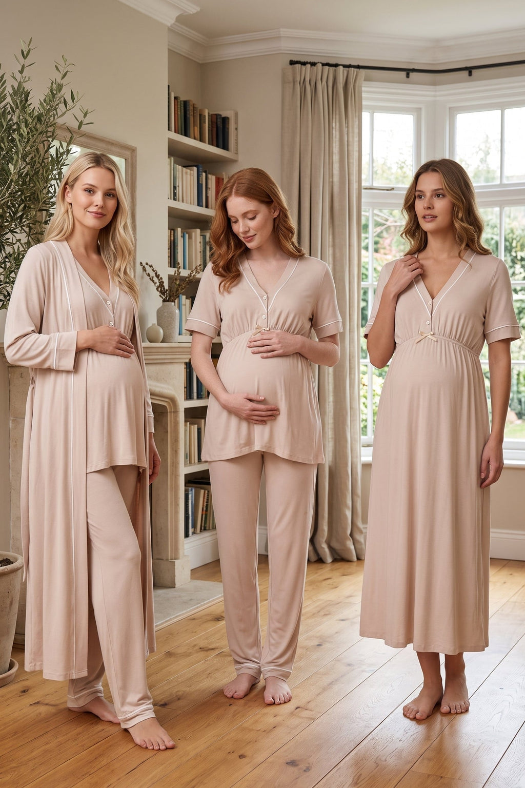 Piped V-Neck 4-Piece Maternity-Nursing Set Beige - 5096