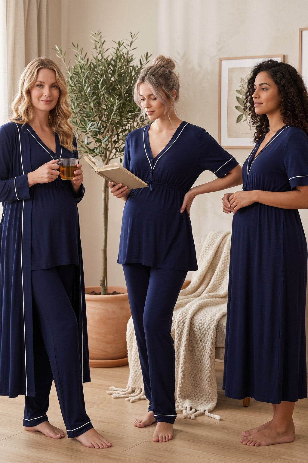 Piped V-Neck 4-Piece Maternity-Nursing Set Navy Blue - 5096