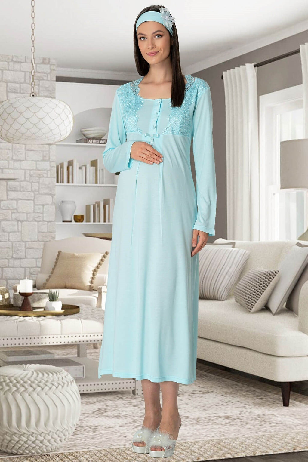 Lace Collar 4-Piece Maternity-Nursing Set Turquoise - 5355