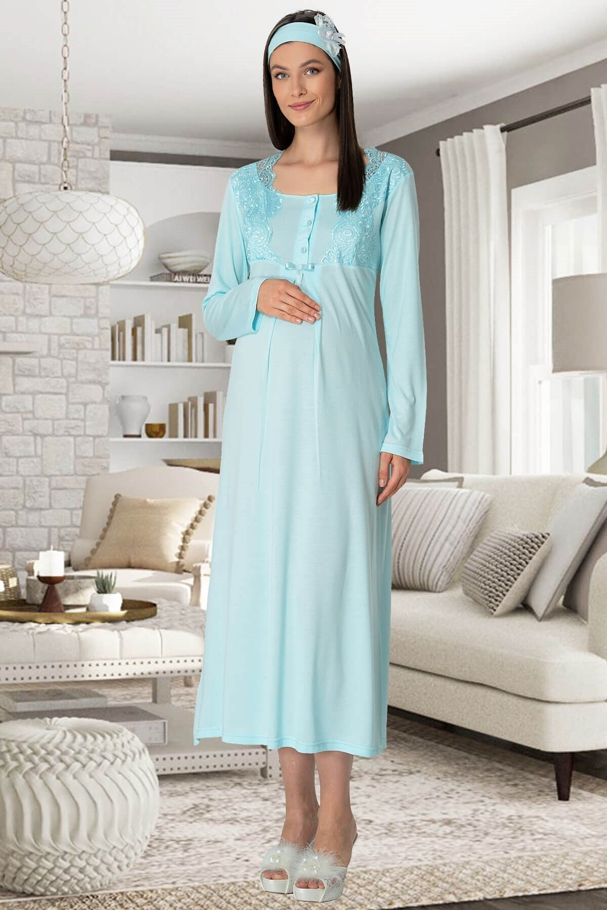 Lace Collar 4-Piece Maternity-Nursing Set Turquoise - 5355