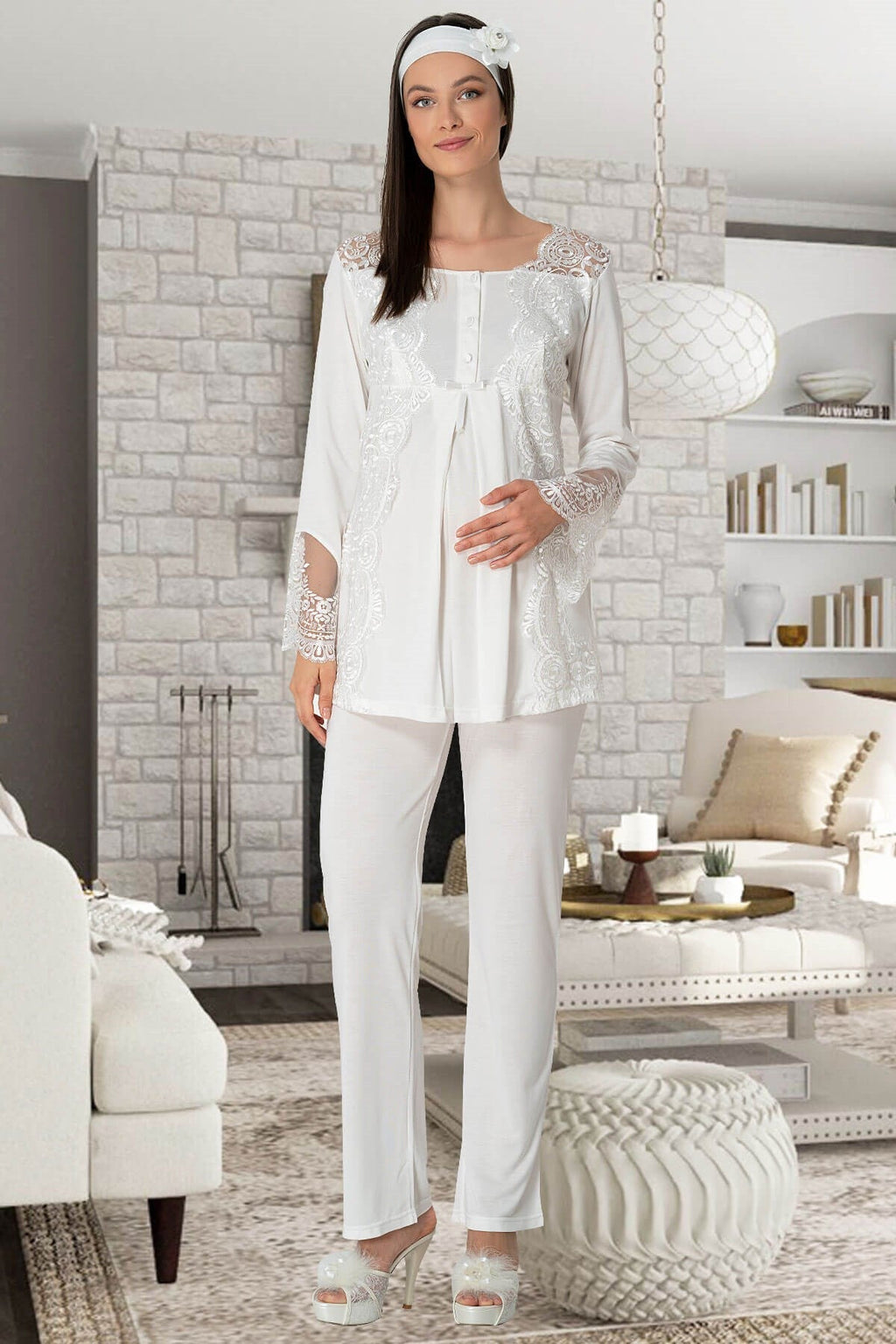 Lace Collar 4-Piece Maternity-Nursing Set Ecru - 5355