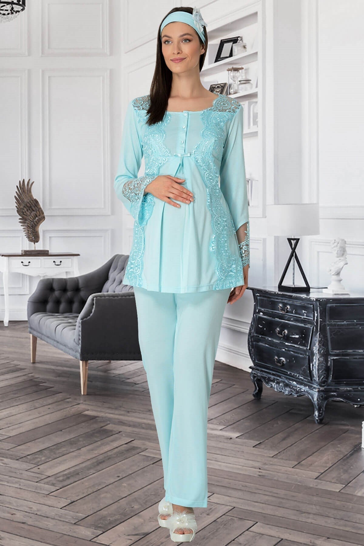 Lace Collar 4-Piece Maternity-Nursing Set Turquoise - 5355