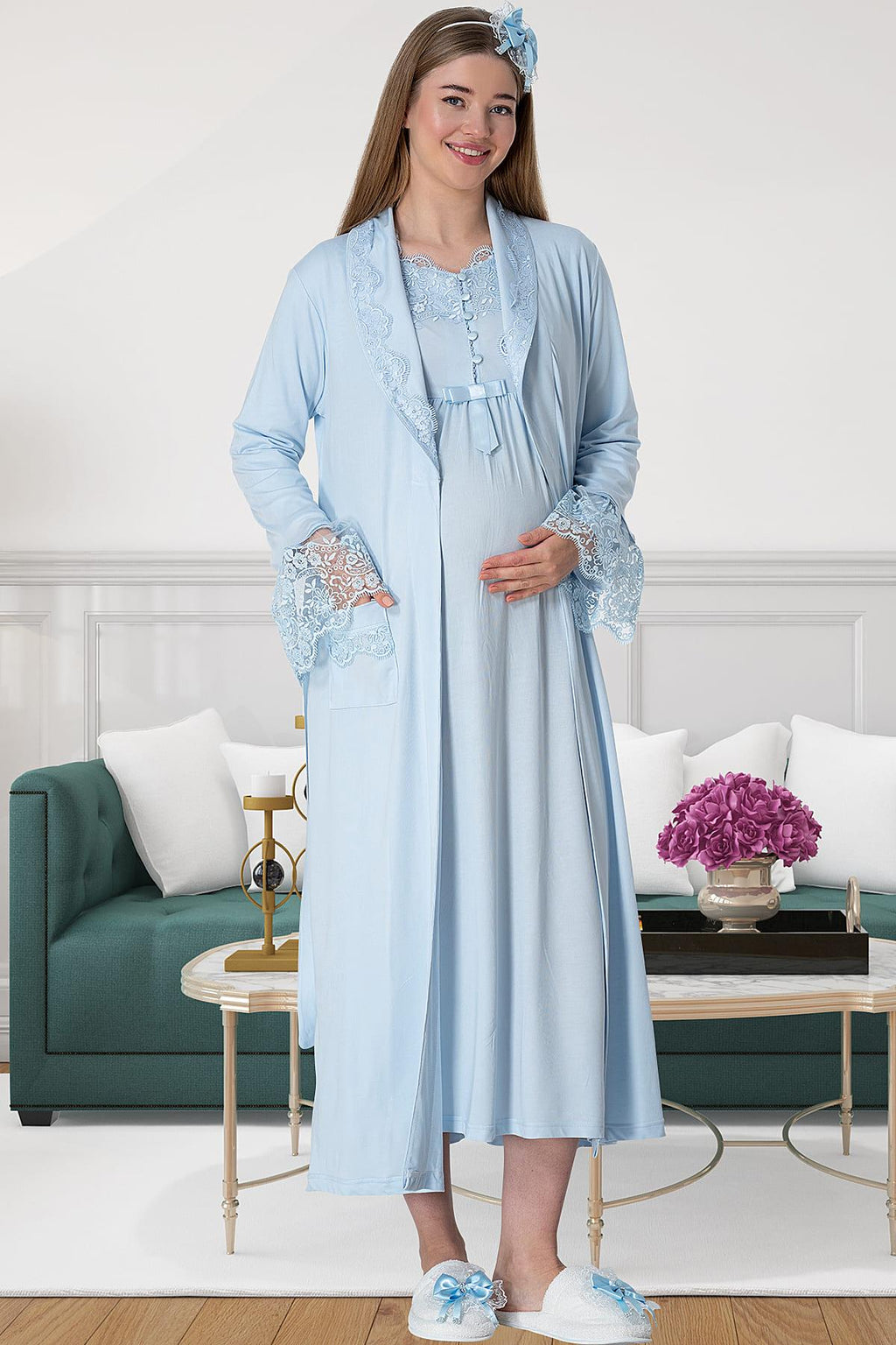 Elegant Lace 4-Piece Maternity-Nursing Set Blue - 1924