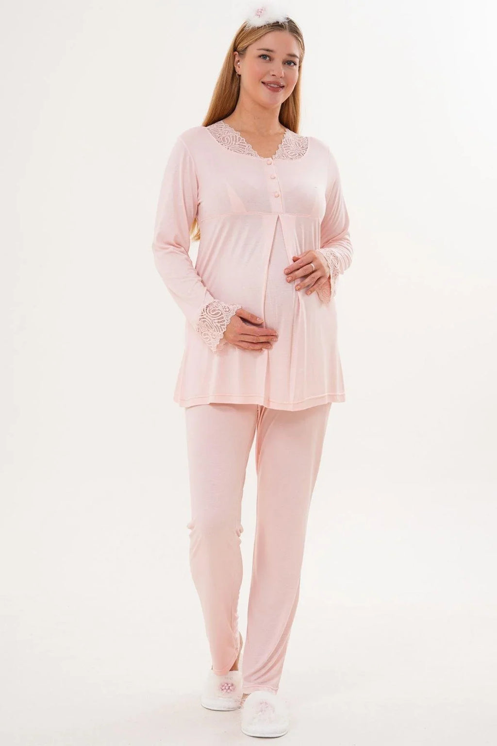 Lace Sleeve and Collar 4-Piece Maternity-Nursing Set Powder - 6332