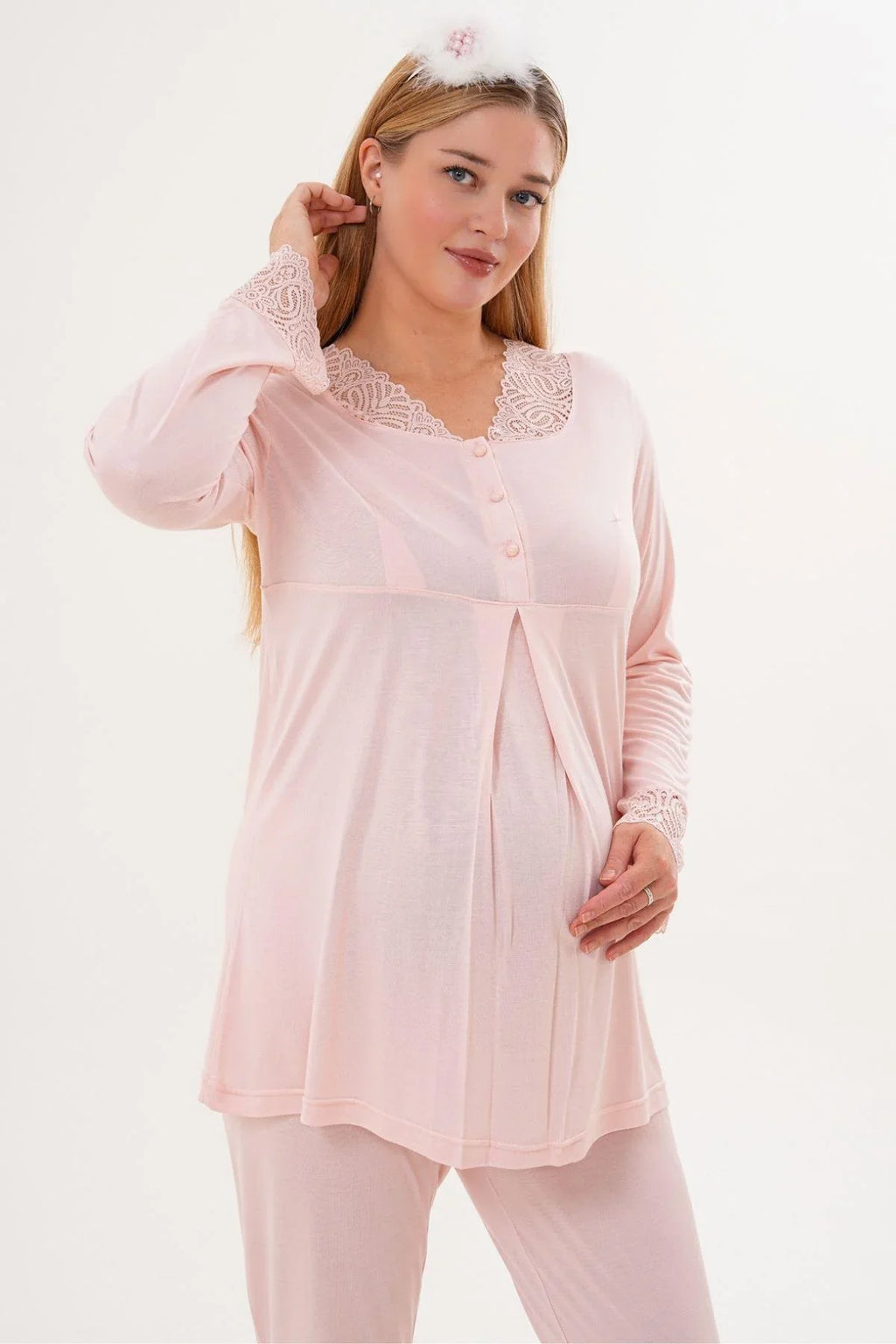 Lace Sleeve and Collar 4-Piece Maternity-Nursing Set Powder - 6332