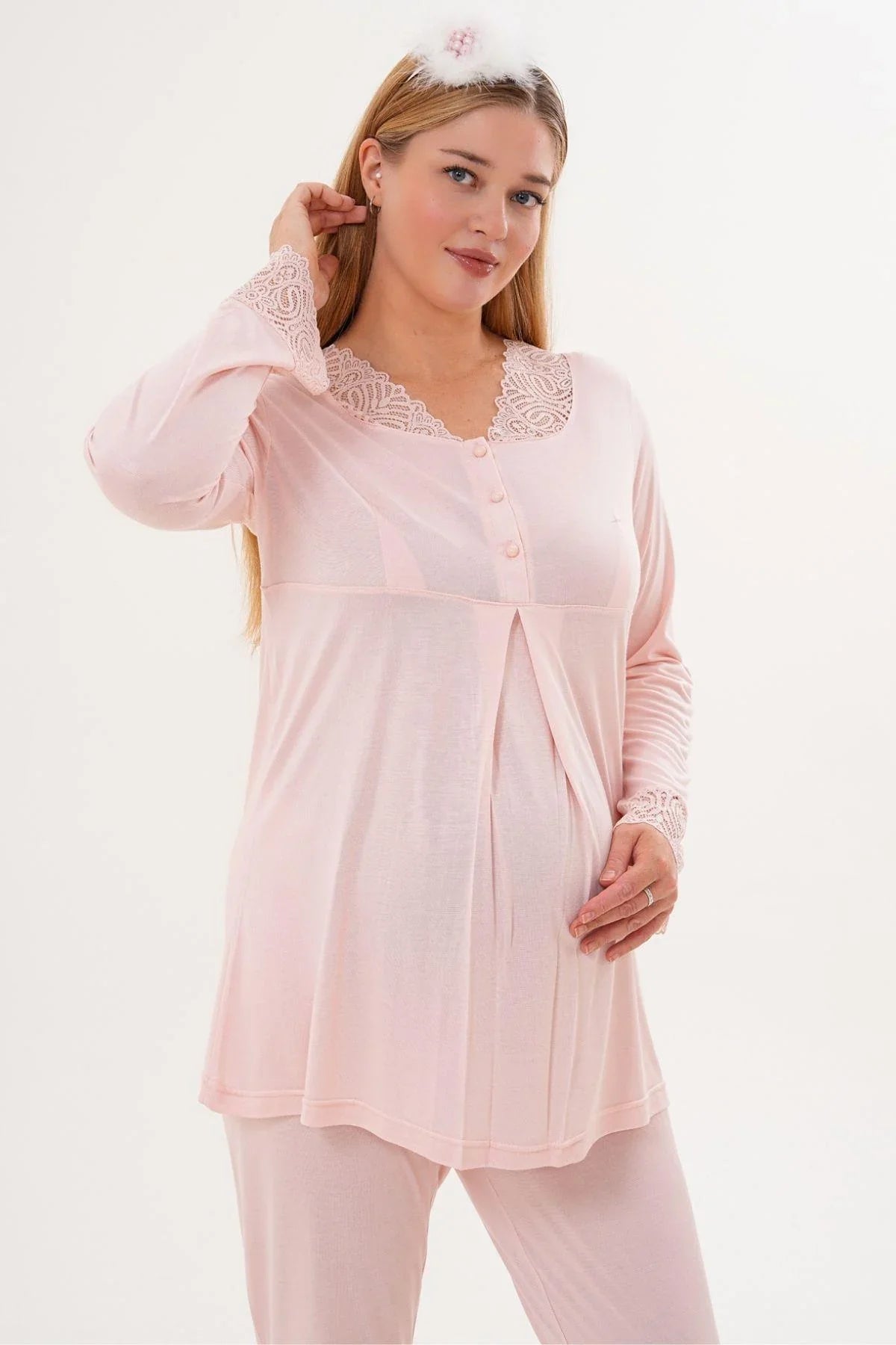 Lace Sleeve and Collar 4-Piece Maternity-Nursing Set Powder - 6332