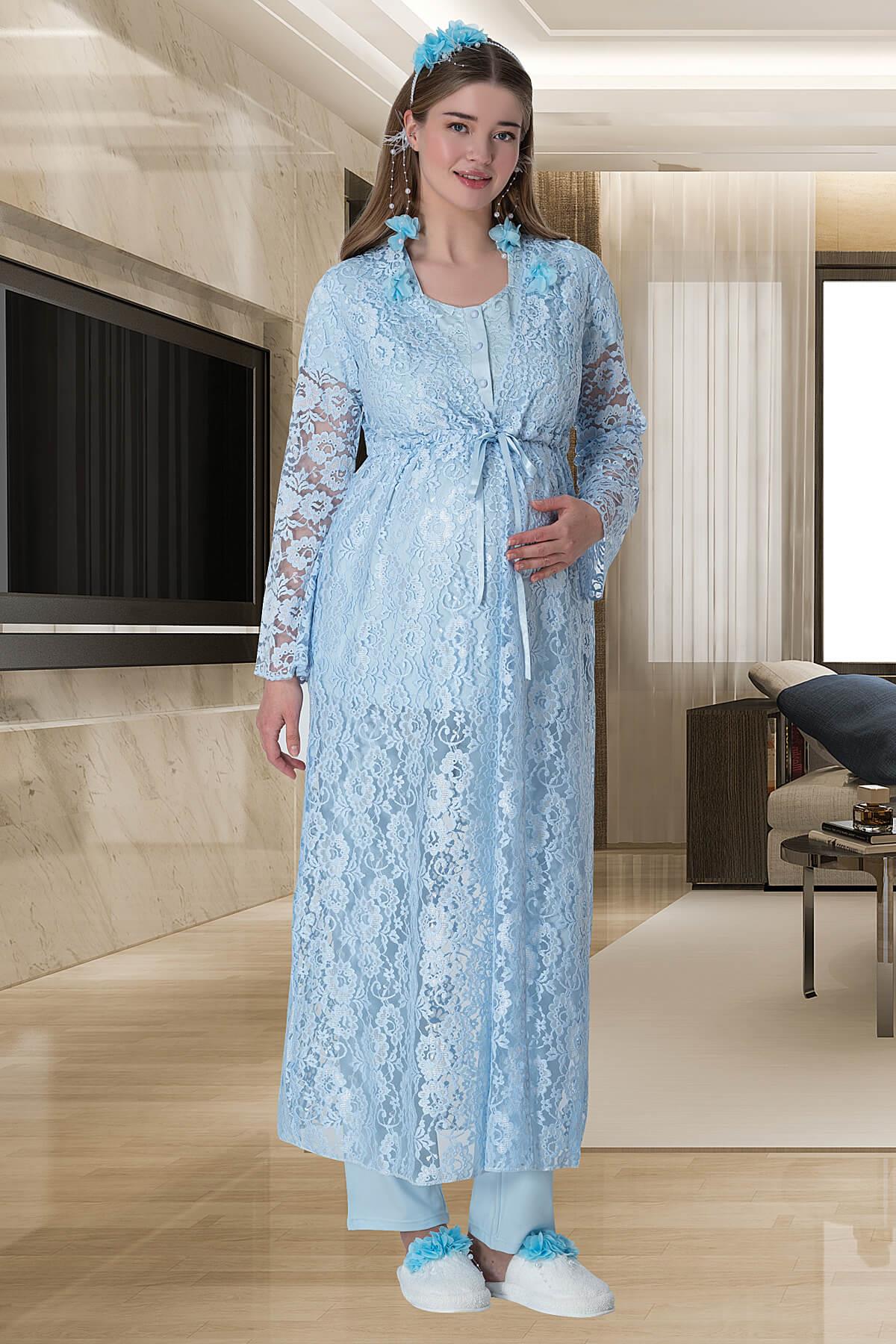 Lace Long Lez Lacy 4-Piece Maternity-Nursing Set Blue - 6060