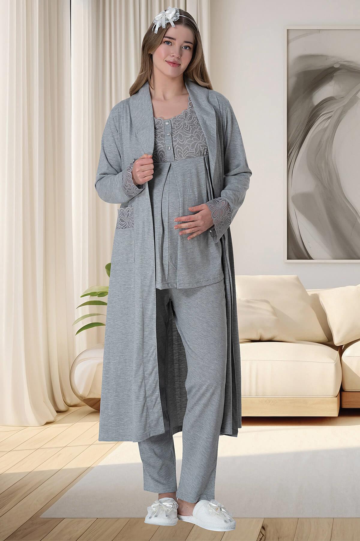 Lace Shoulder 4-Piece Maternity-Nursing Set Grey - 6066