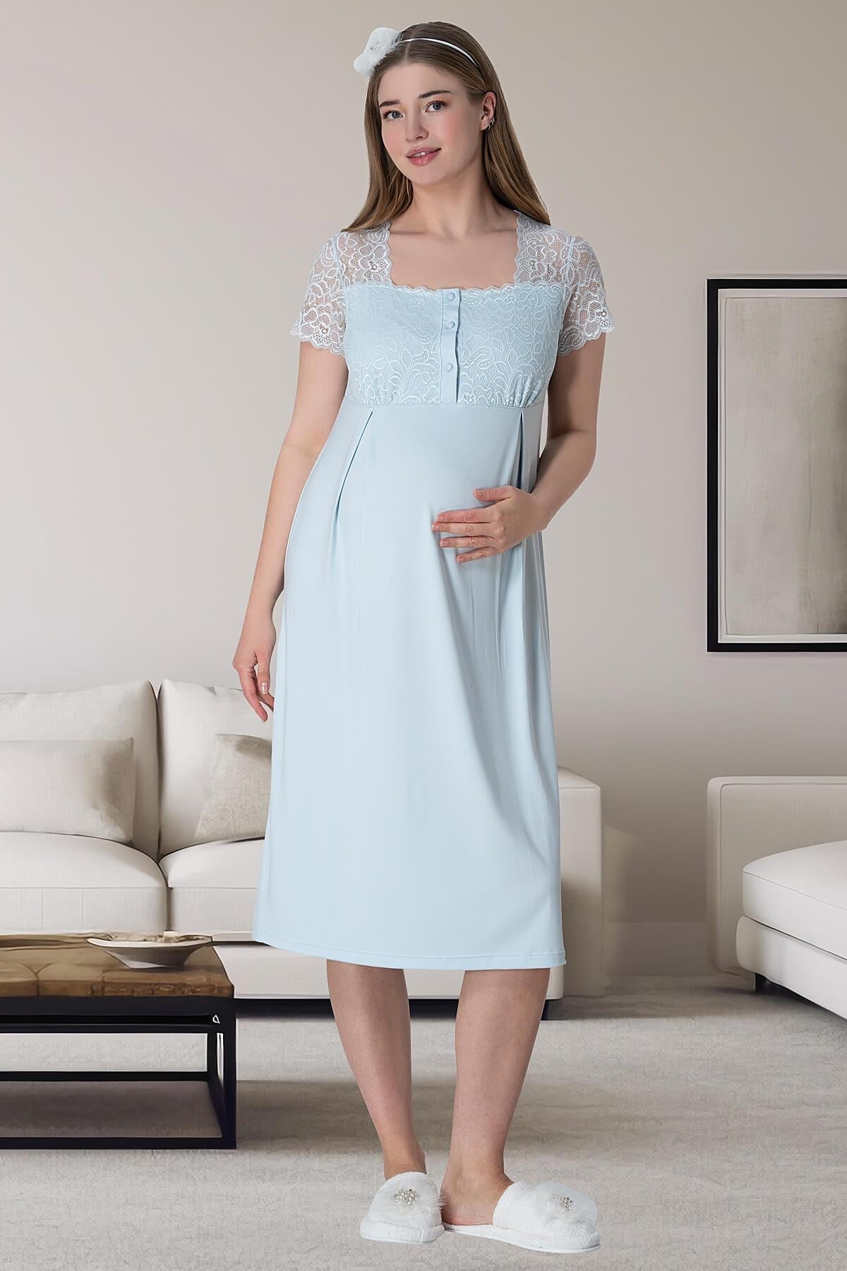 Stripe Lace Shoulder 4-Piece Maternity-Nursing Set Blue - 6063