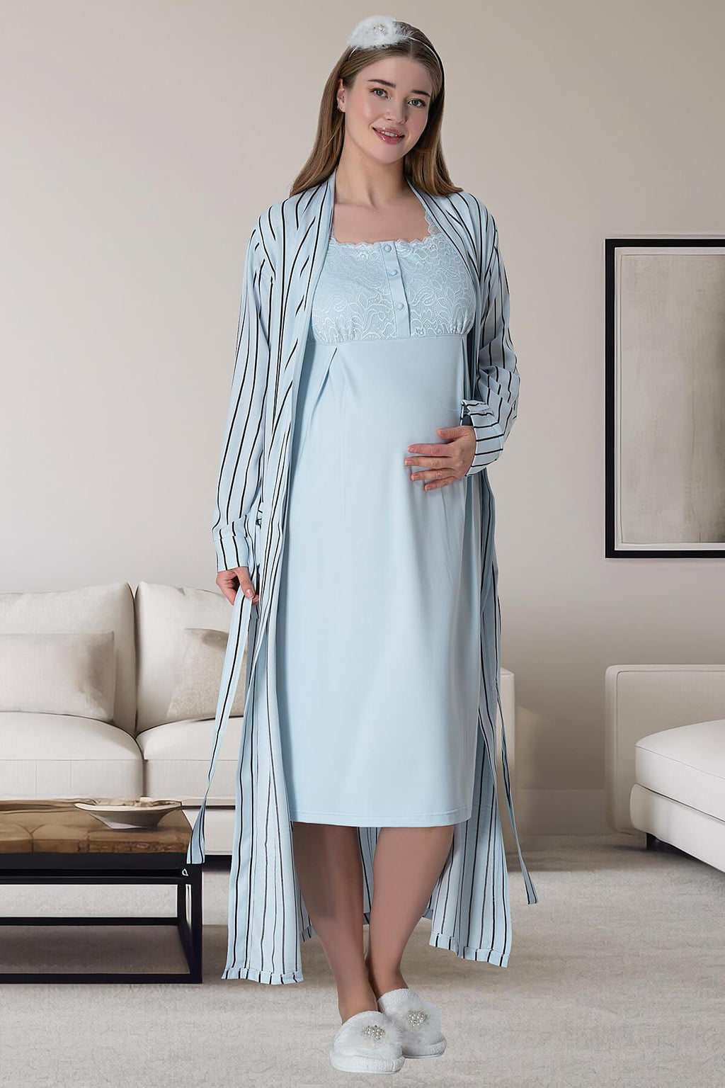 Stripe Lace Shoulder 4-Piece Maternity-Nursing Set Blue - 6063