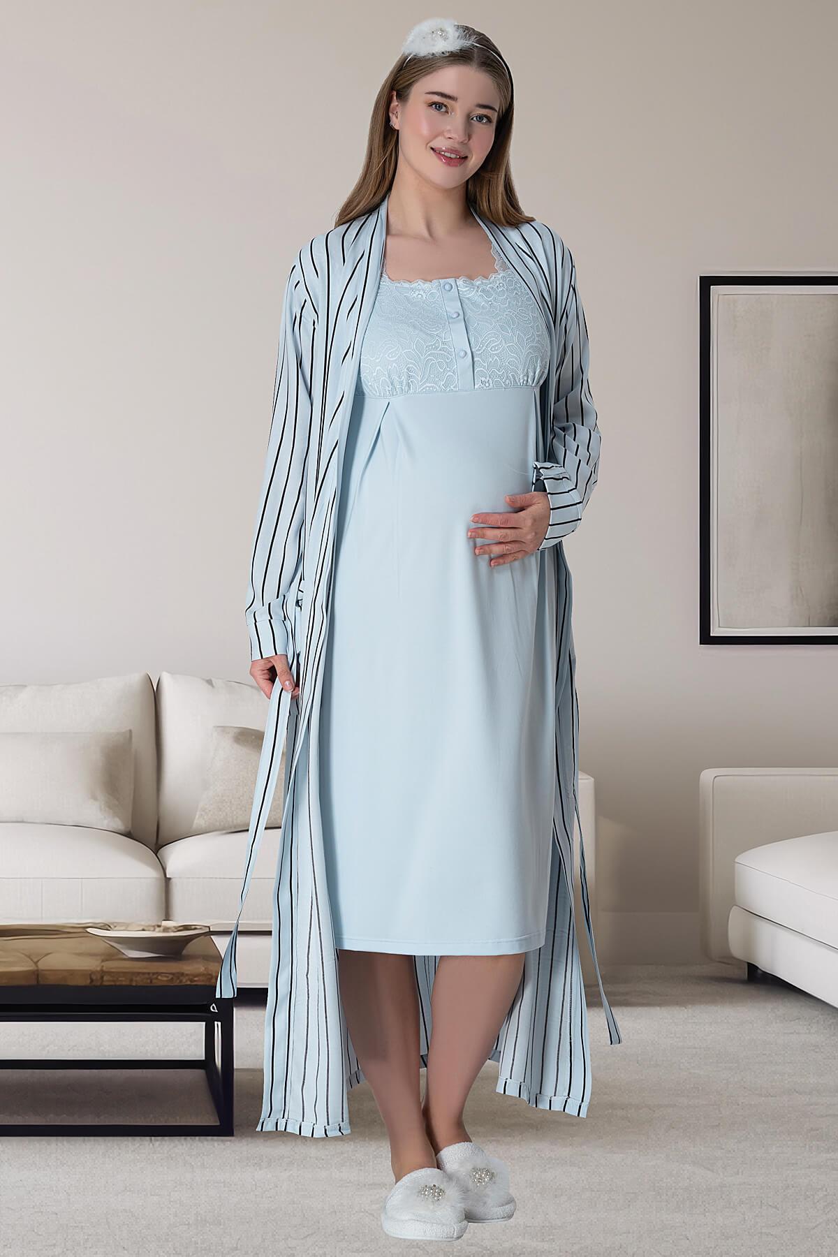 Stripe Lace Shoulder 4-Piece Maternity-Nursing Set Blue - 6063