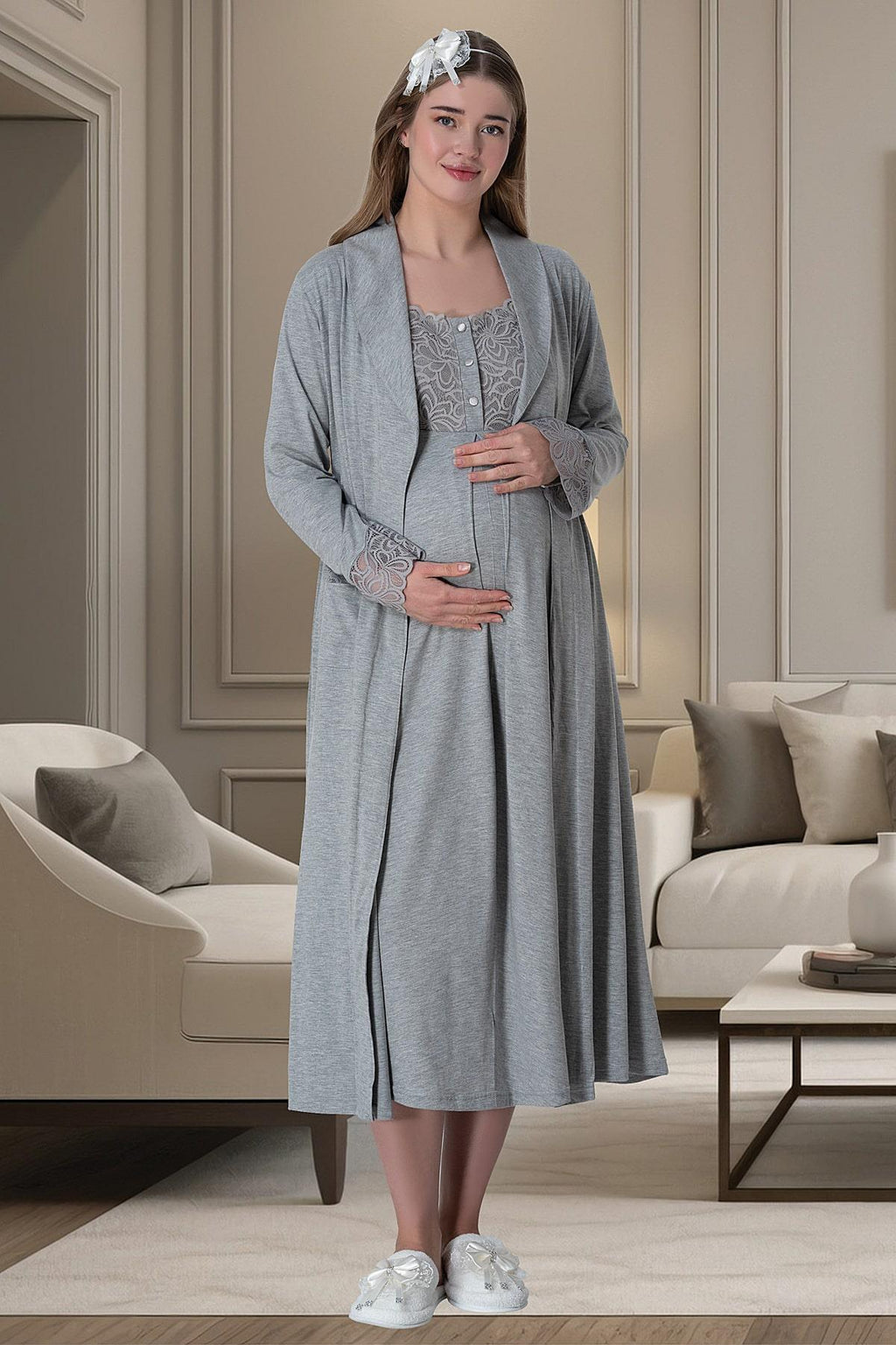 Lace Shoulder 4-Piece Maternity-Nursing Set Grey - 6066