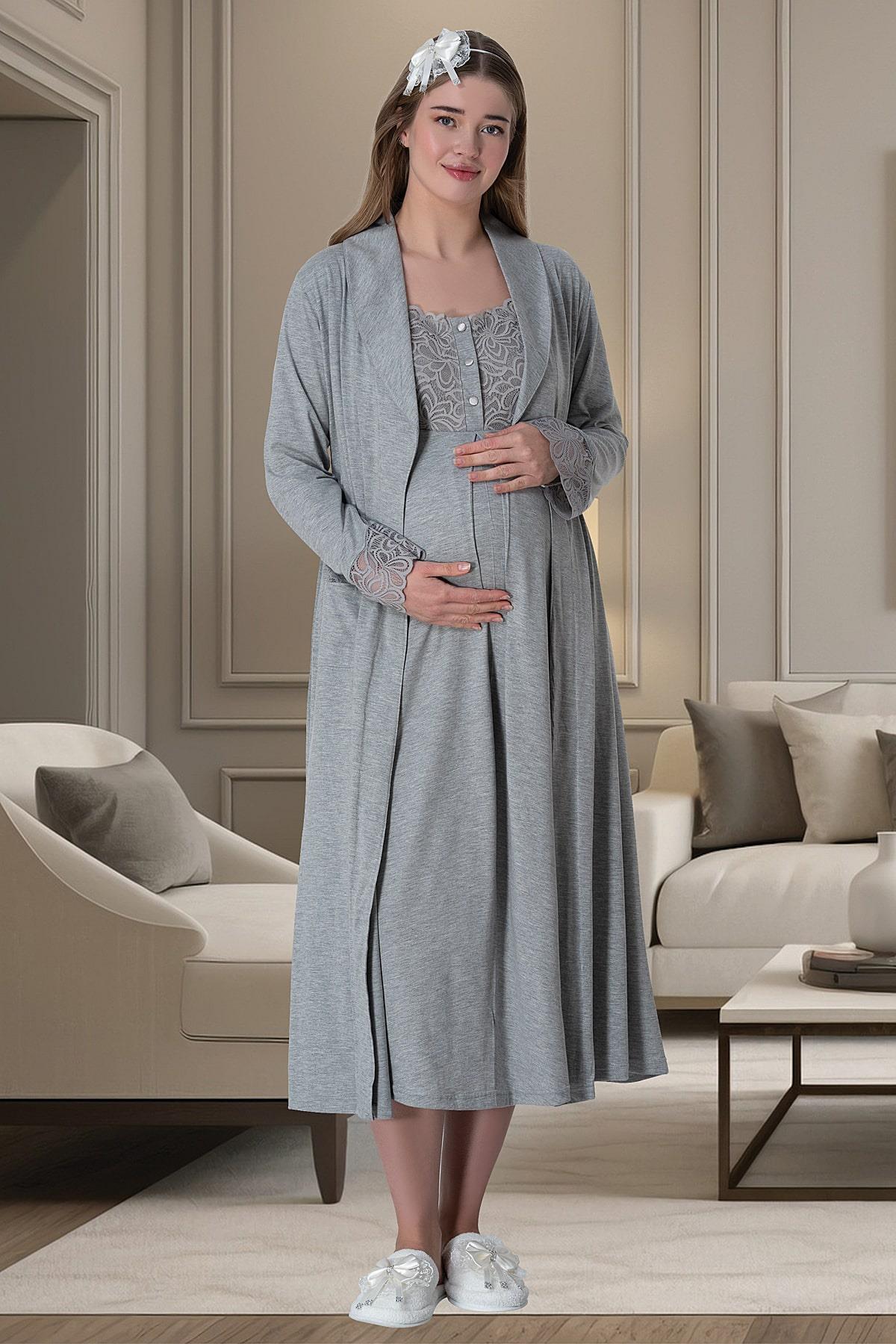 Lace Shoulder 4-Piece Maternity-Nursing Set Grey - 6066