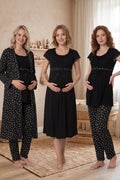 Lace Sleeve Patterned 4-Piece Maternity-Nursing Set Black - 6016