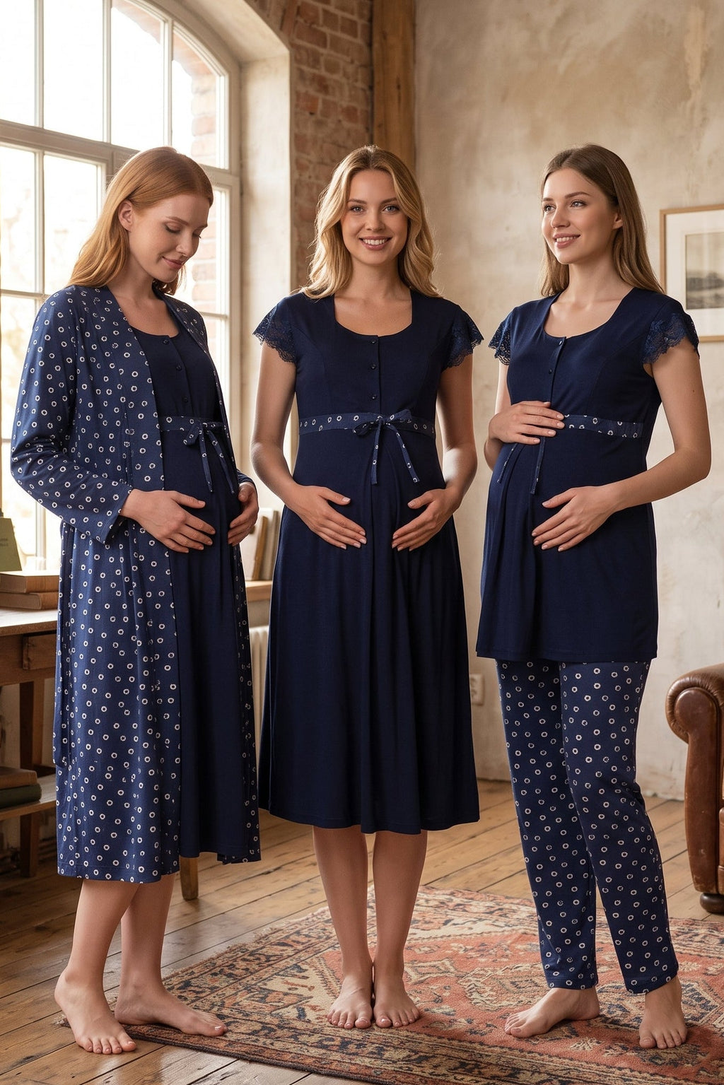Lace Sleeve Patterned 4-Piece Maternity-Nursing Set Navy Blue - 6016