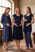 Lace Sleeve Patterned 4-Piece Maternity-Nursing Set Navy Blue - 6016