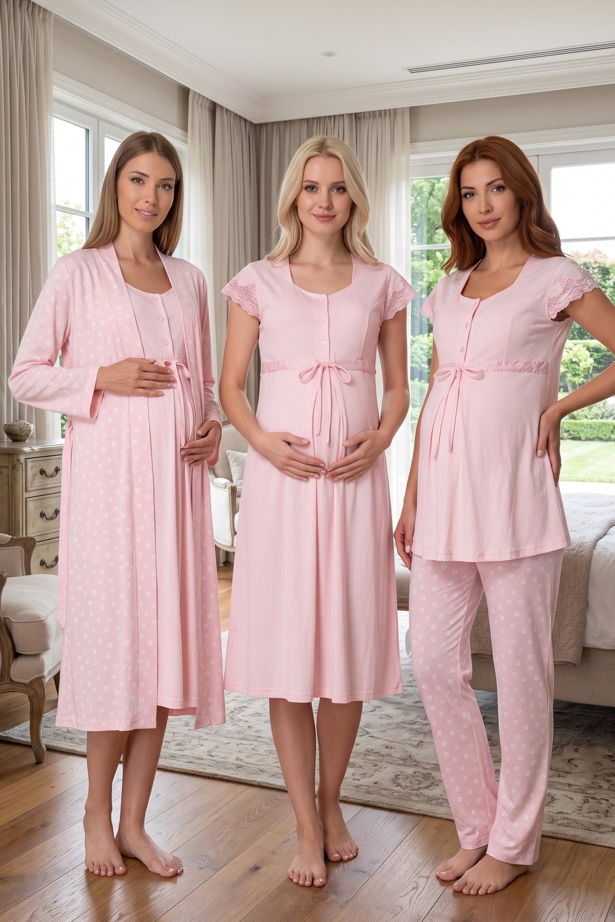 Lace Sleeve Patterned 4-Piece Maternity-Nursing Set Pink - 6016