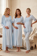 Lace Embroidered 4-Piece Maternity-Nursing Set Blue - 6036