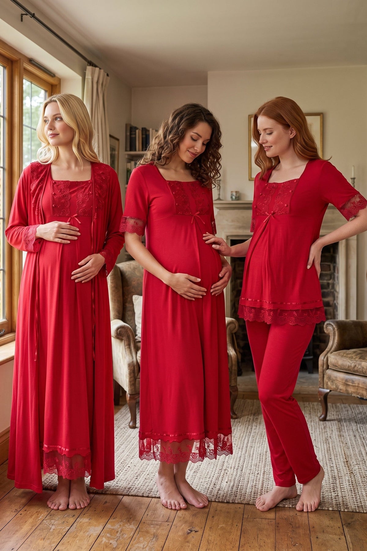 Lace Embroidered 4-Piece Maternity-Nursing Set Cherry - 6036