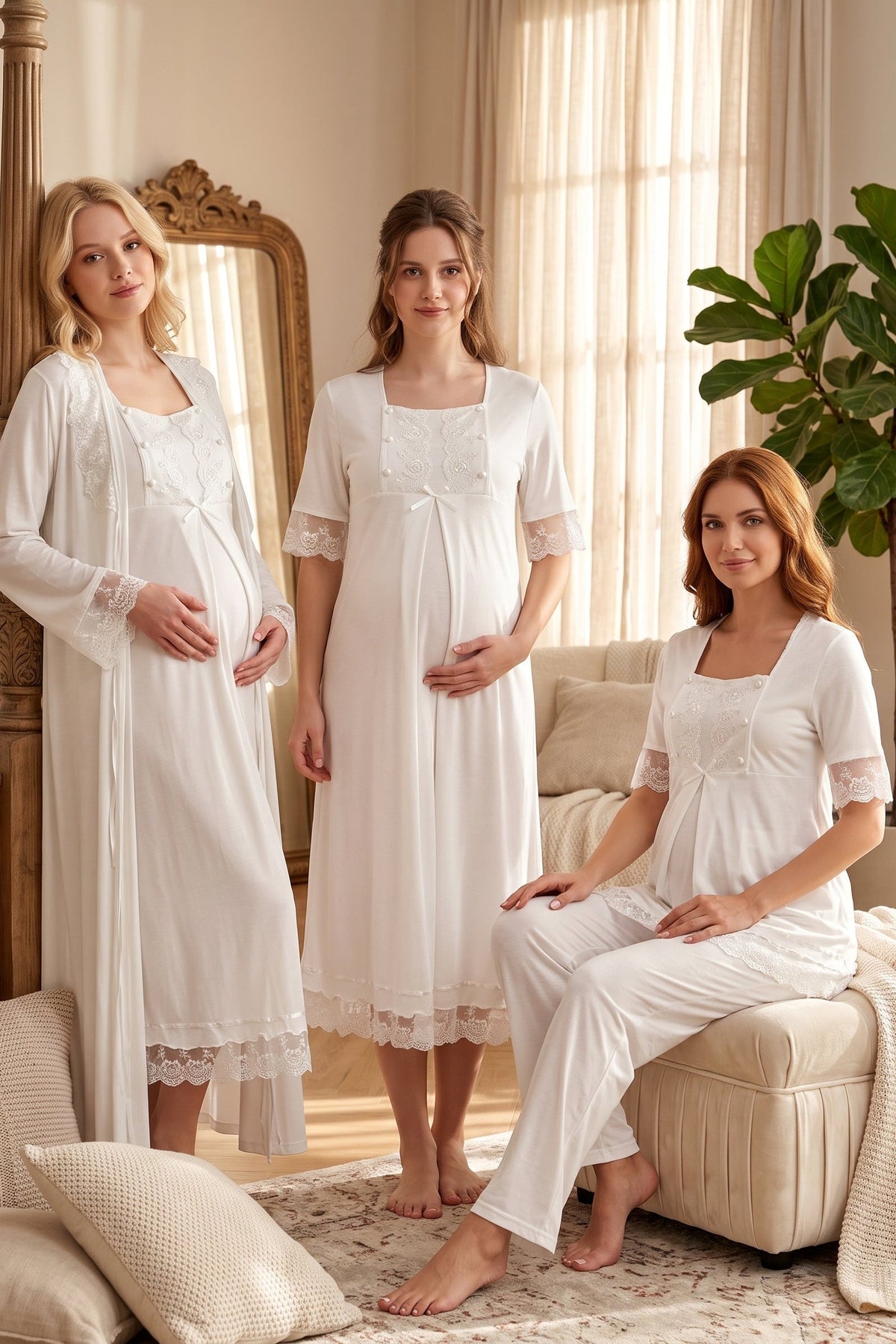 Lace Embroidered 4-Piece Maternity-Nursing Set Ecru - 6036