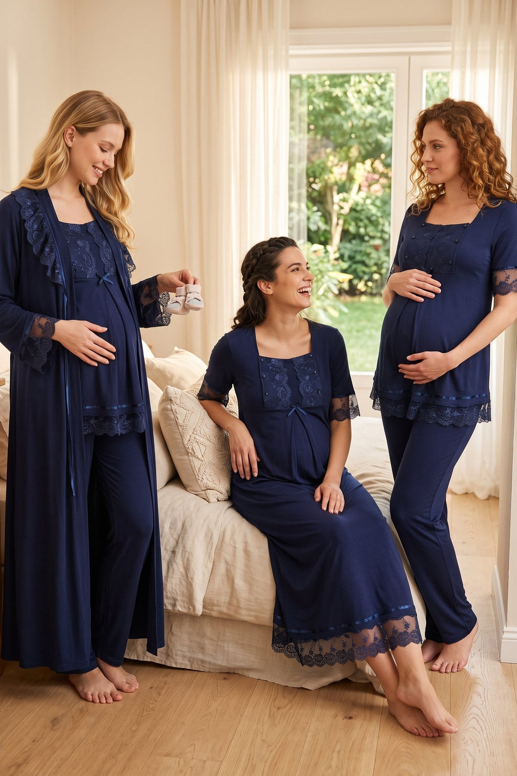 Lace Embroidered 4-Piece Maternity-Nursing Set Navy Blue - 6036