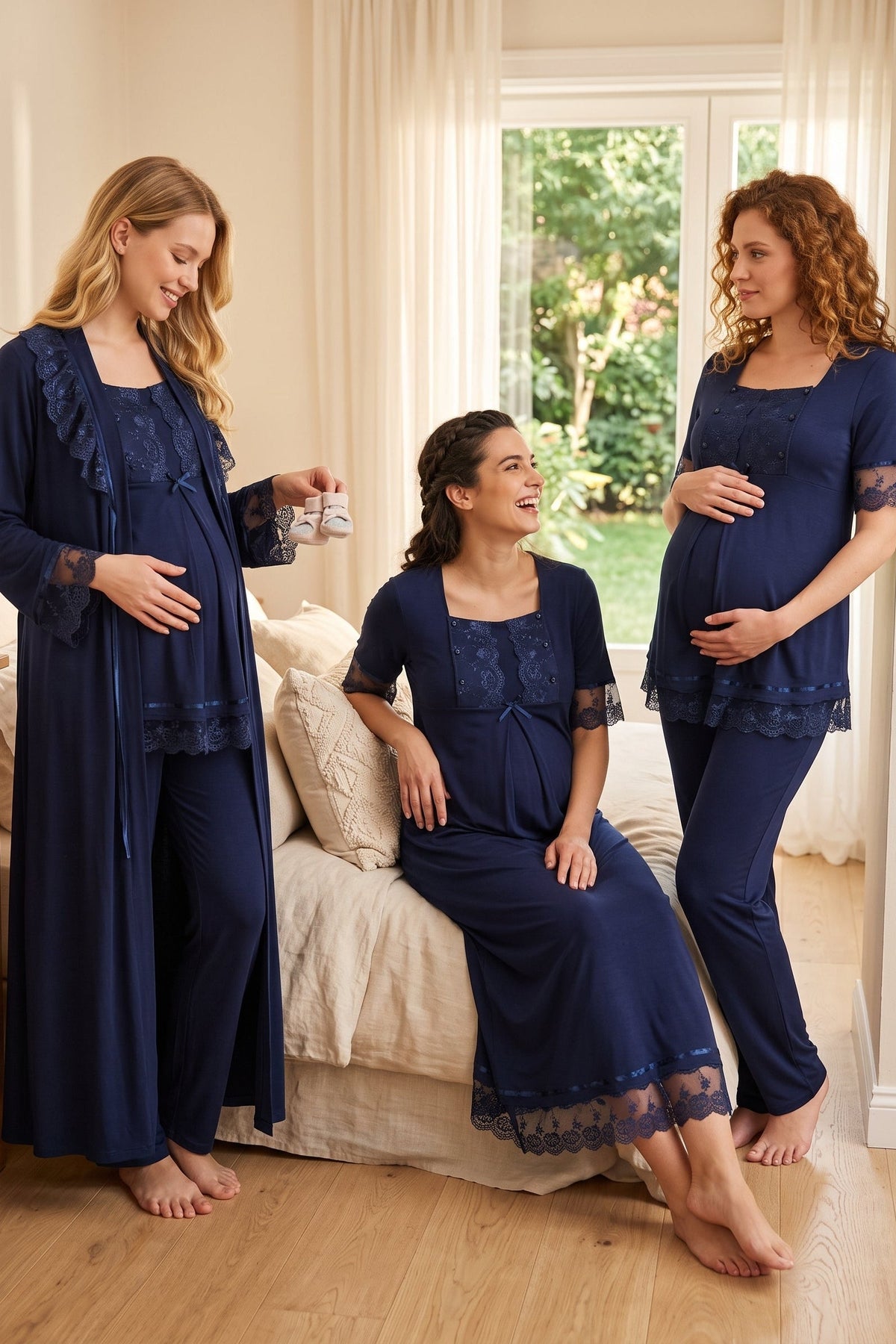 Lace Embroidered 4-Piece Maternity-Nursing Set Navy Blue - 6036