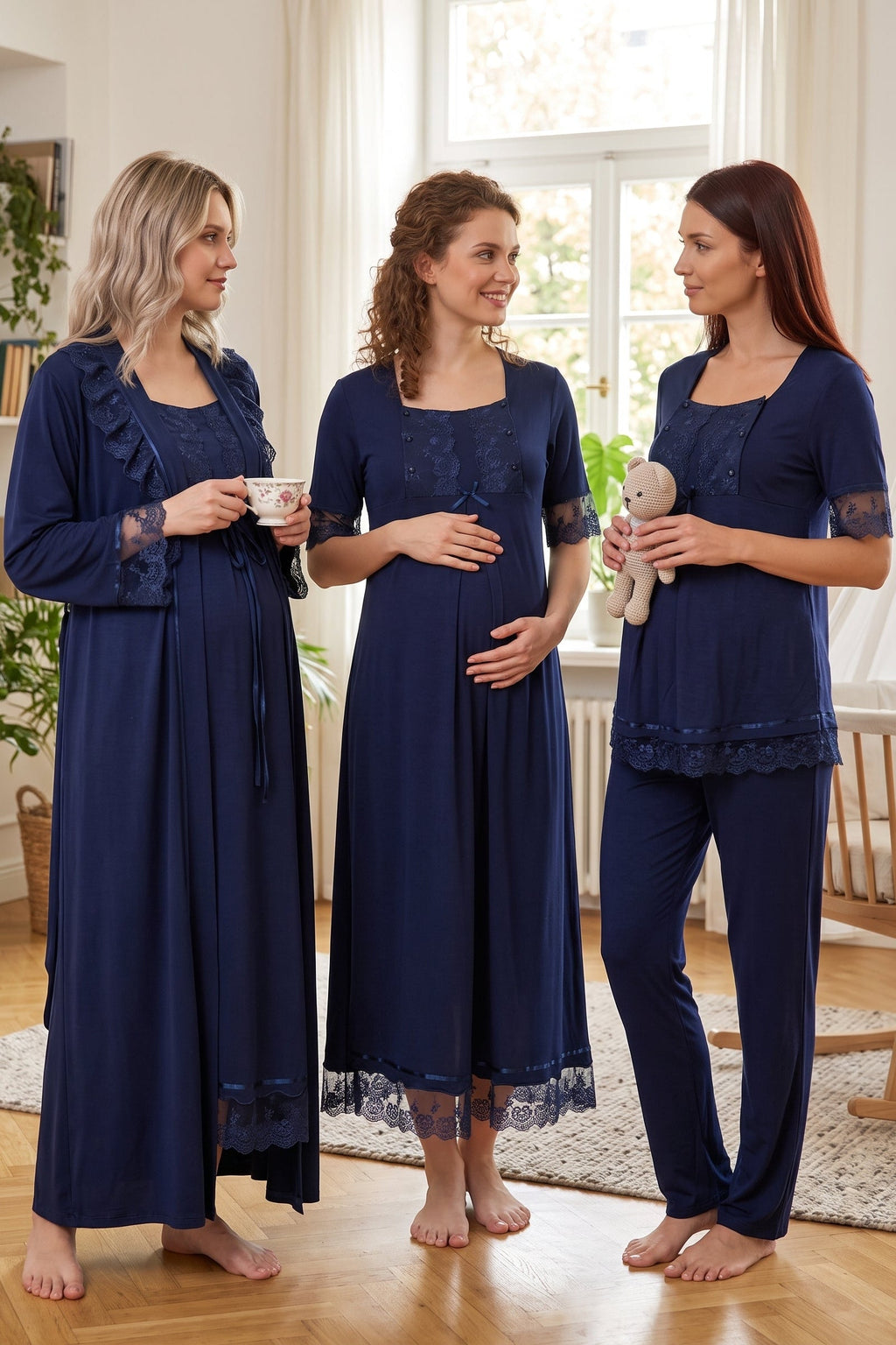 Lace Embroidered 4-Piece Maternity-Nursing Set Navy Blue - 6036