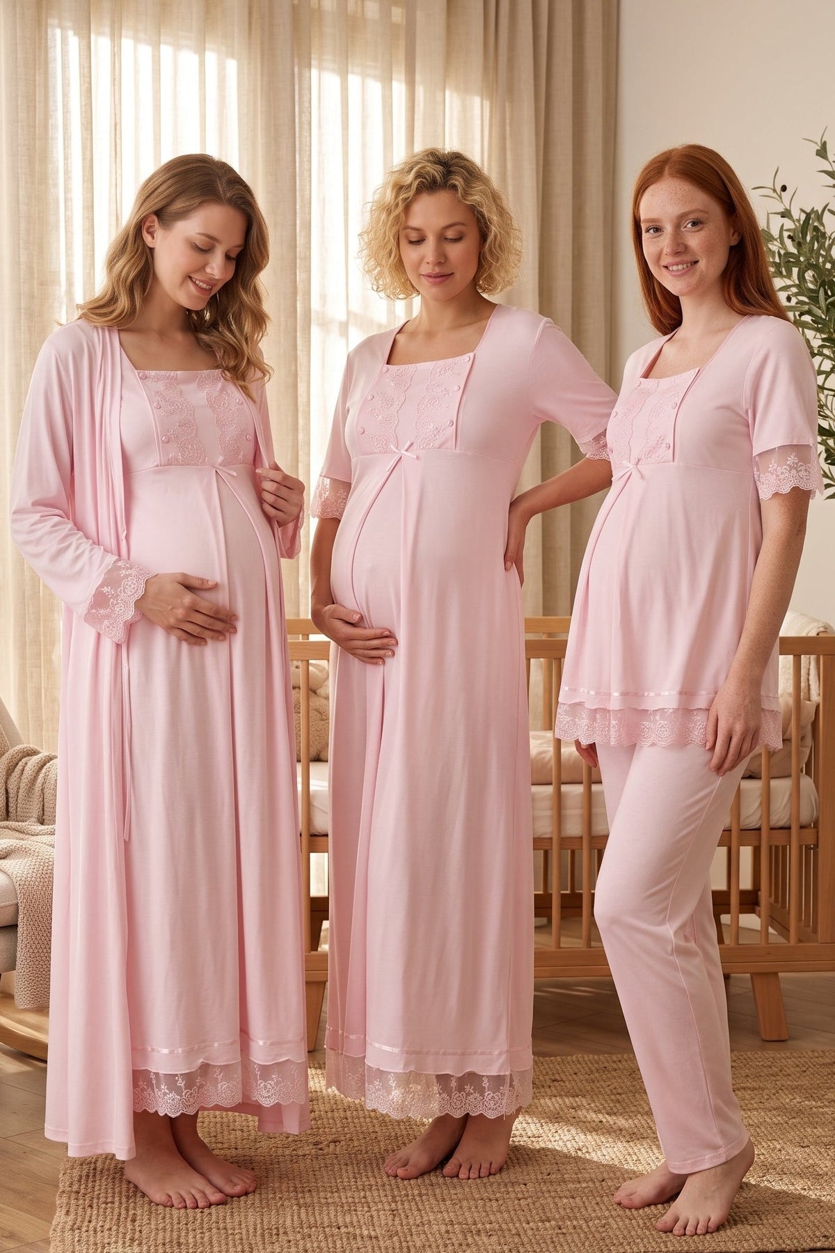 Lace Embroidered 4-Piece Maternity-Nursing Set Pink - 6036