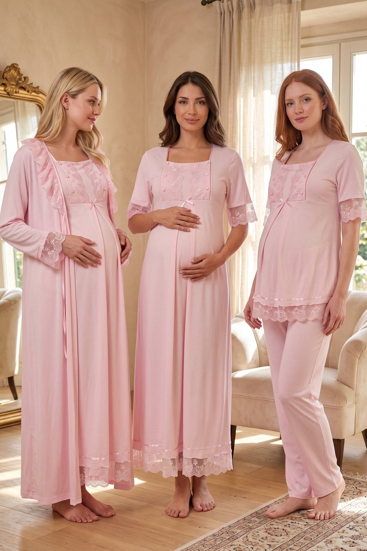 Lace Embroidered 4-Piece Maternity-Nursing Set Pink - 6036